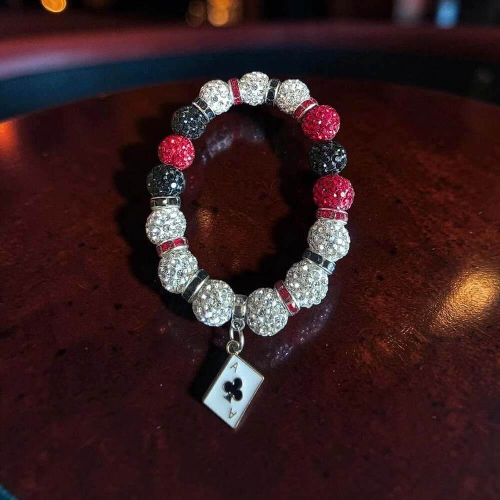 Ace of Clubs Casino Rhinestone Disco Ball Beaded Stretch Bracelet